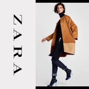 Zara | Crewneck Suede Camel Fur Trim Coat NWOT